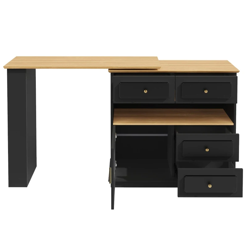 Bancone da bar allungabile con contenitore, girevole a 360°, MDF e vetro, 125-181x39x104,5 cm, Nero