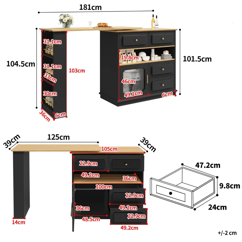 Bancone da bar allungabile con contenitore, girevole a 360°, MDF e vetro, 125-181x39x104,5 cm, Nero