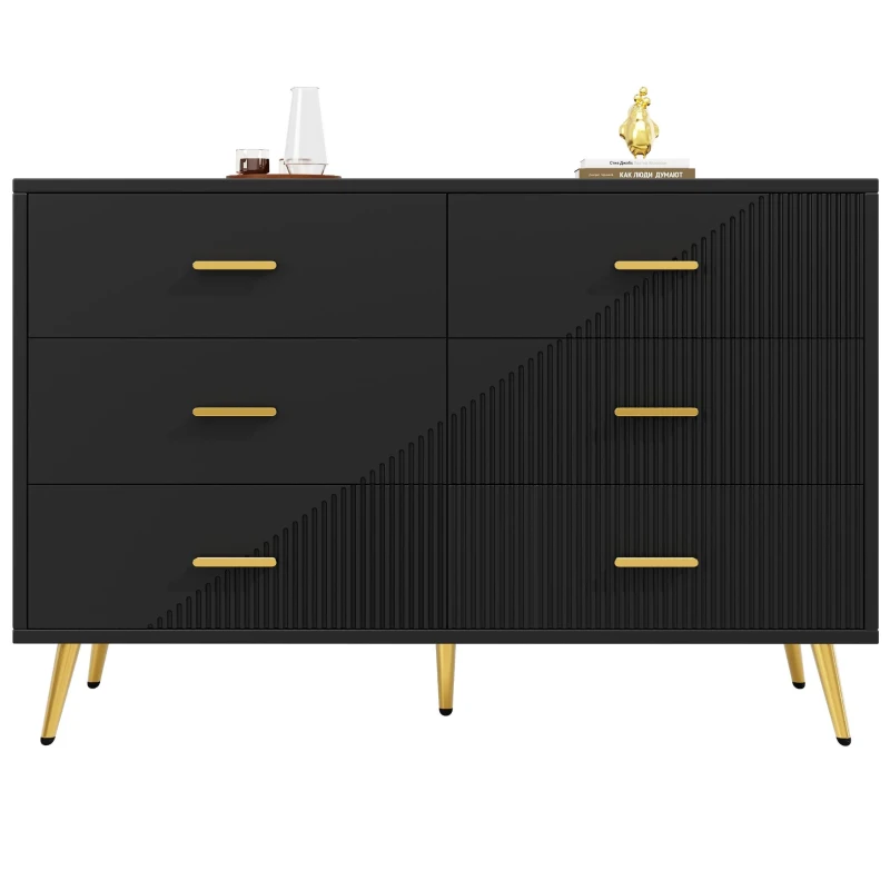 Buffet de salle à manger avec 6 tiroirs spacieux, portes d'armoire au design tridimensionnel et pieds dorés, 120x40x75 cm, Noir