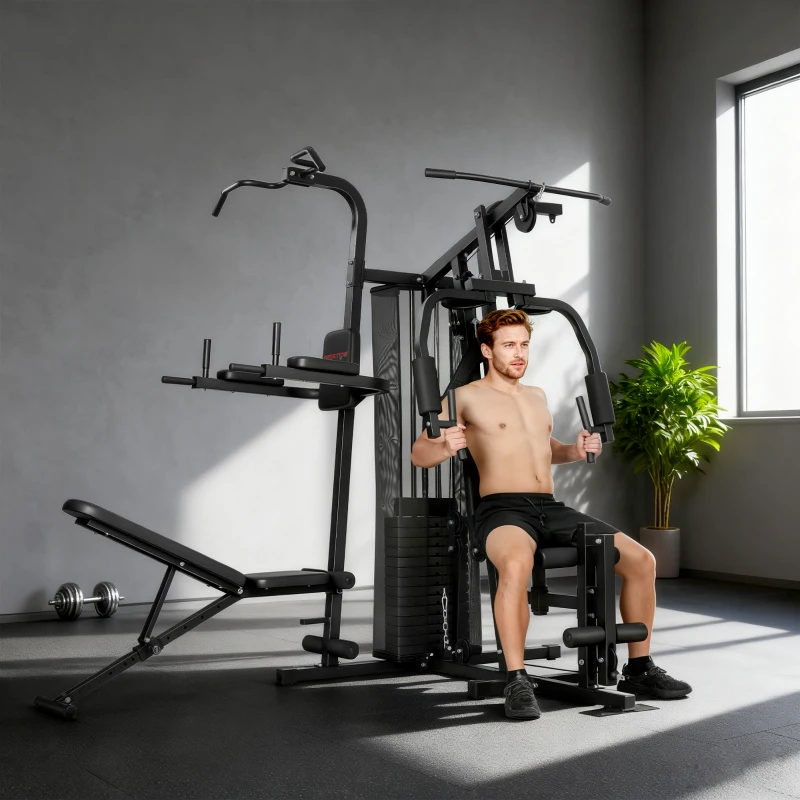 SPORTNOW Stazione di allenamento multifunzione, con pesi e panca regolabile, Nero