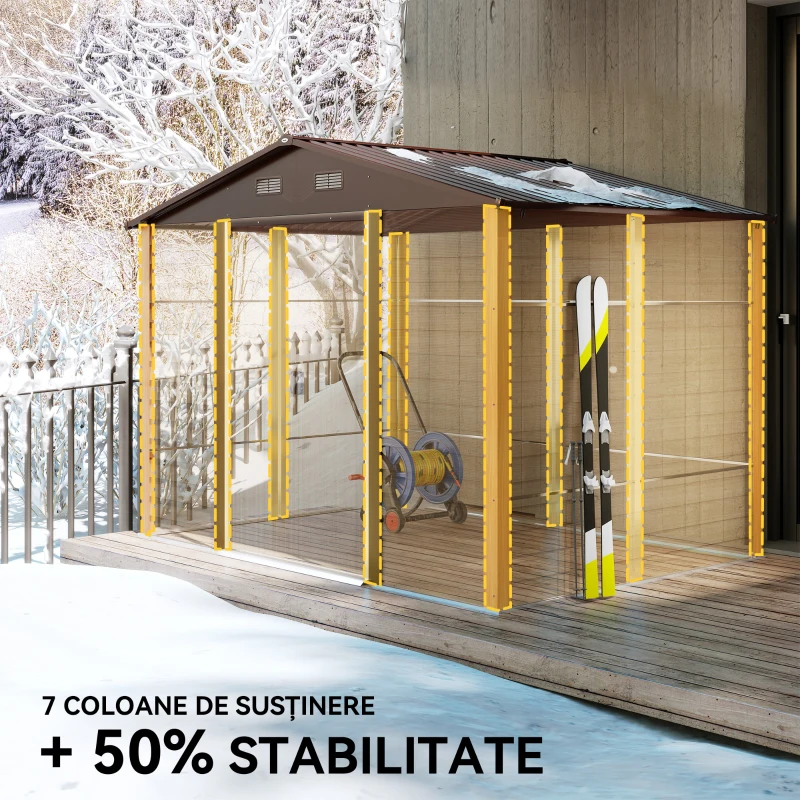 Outsunny Căsuță de Grădină din Oțel cu Efect de Lemn și Uși Duble Glisante, 278x195x215 cm, Maro