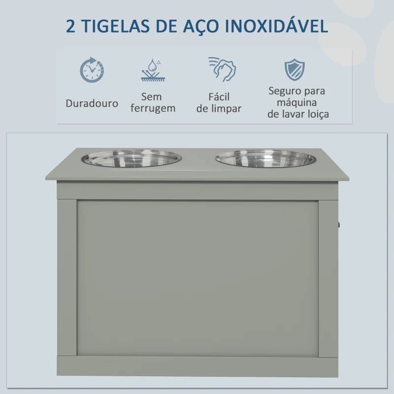 PawHut Comedouro Elevado para Cães com 2 Tigelas de Aço Inoxidável e Espaço de Armazenamento Oculto 60x30x41 cm Cinzento