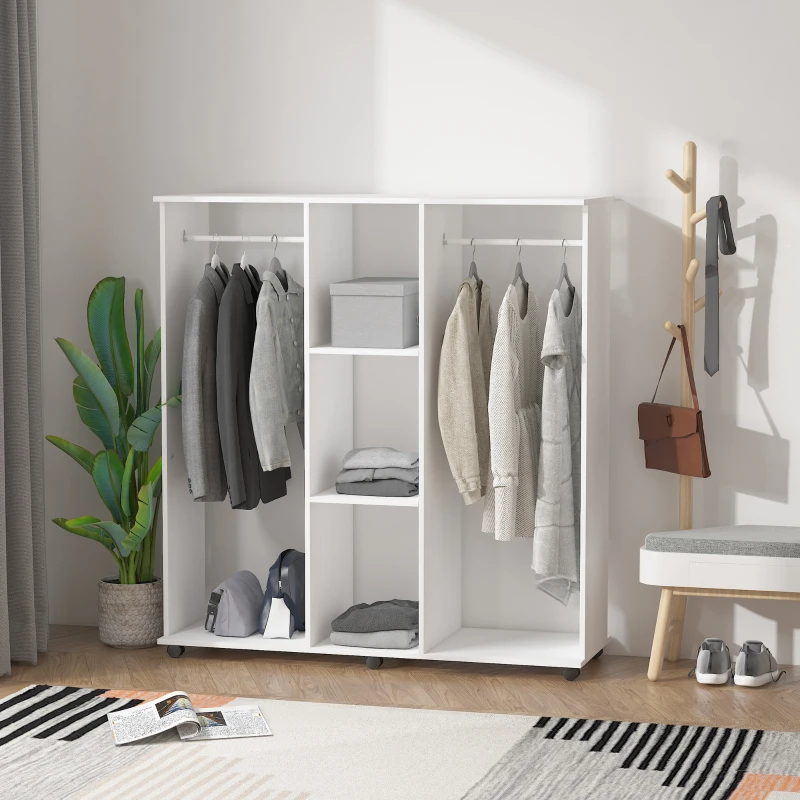 HOMCOM Armoire penderie Meuble de Rangement Mobile 6 roulettes 120L x 40l x 128H cm Panneau de Particules Blanc