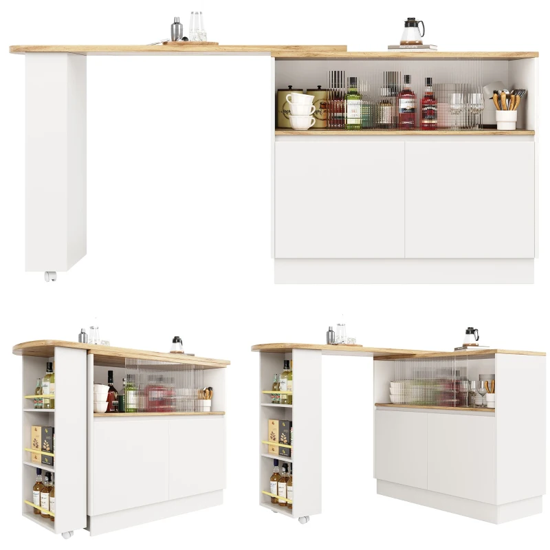 Bancone bar girevole a 360°, mobile multifunzionale con anta scorrevole in vetro e ripiano, Bianco