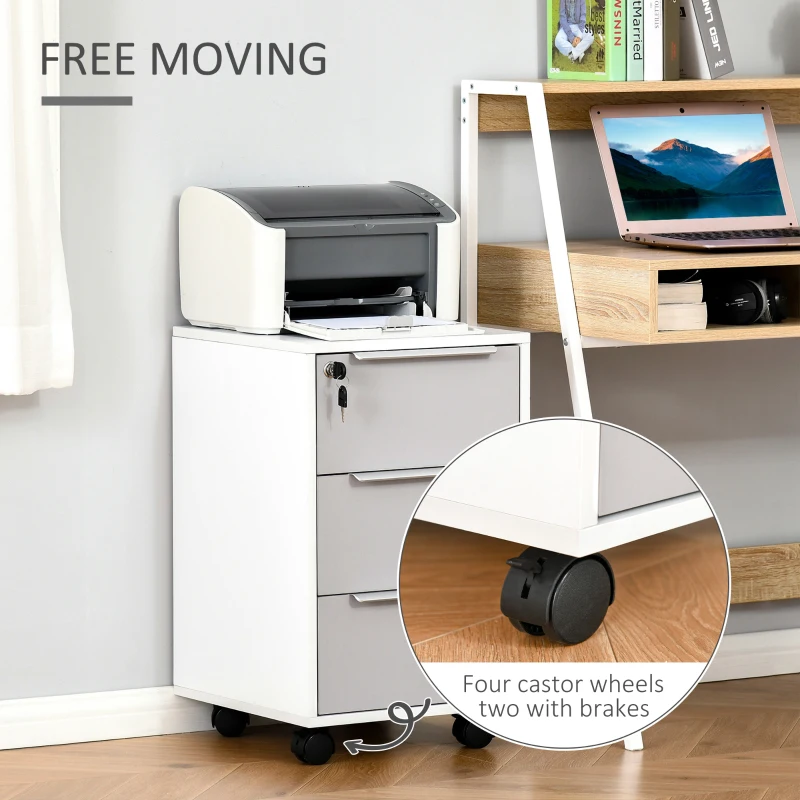 HOMCOM Dulap de Birou cu 3 Sertare cu Chei și 4 Rotile Alb și Gri