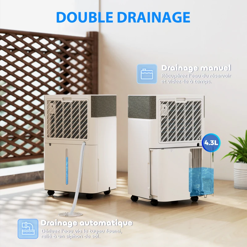 HOMCOM Déshumidificateur d'air 20 L/jour, déshumidificateur silencieux, réservoir d'eau 4,5 L, 30,5x23,5x49,5cm, blanc