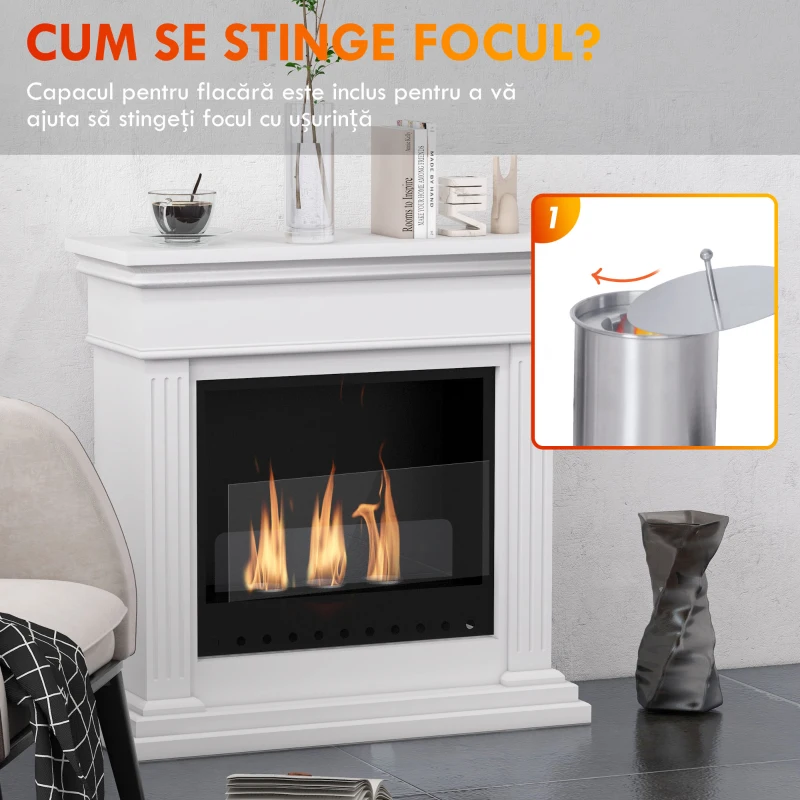 HOMCOM Semineu cu Etanol fara Aerisire, Semineu fara Ventilatie, Semineu Independent cu Capac de Flacara, Rezervoare de 0,4L, Max 18㎡, Arde cu Alcool Lichid si Alcool Solid, Alb