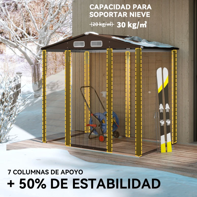 Outsunny Caseta de Jardín 190x131x188 cm Cobertizo Metálico para Herramientas con 2 Ventilaciones y Puerta para Terraza Roble