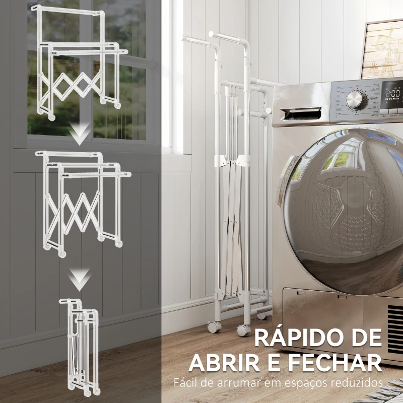 HOMCOM Estendal Vertical Dobrável de 3 Níveis Estendal de Aço Inoxidável com 3 Barras Ajustáveis e Extensíveis 4 Rodas 104-150x103x145-197 cm Prateado