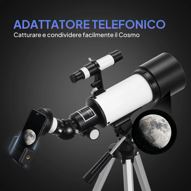 Outsunny Telescopio Astronomico 70mm con 2 Lenti Oculari e Adattatore Smartphone, 80x80x135 cm, Bianco e Nero