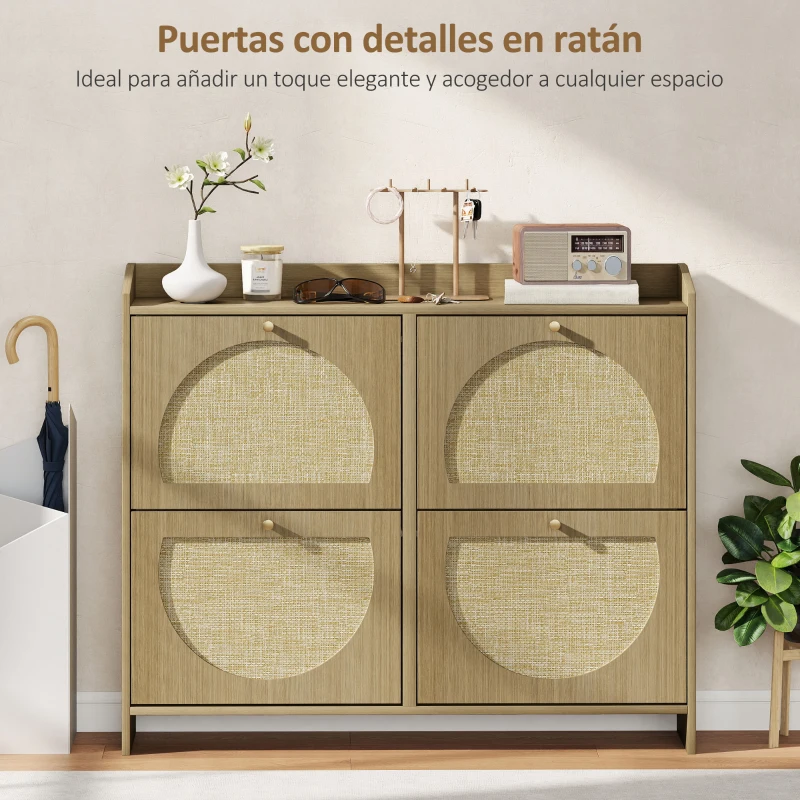 HOMCOM Zapatero Estrecho con 4 Puertas de Ratán con Estantes Ajustables para 16 Pares de Zapatos 104,5x24x88 cm Natural