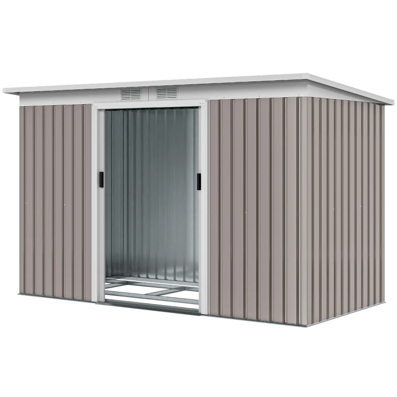 Outsunny Abri de jardin 3,6 m² remise à outils avec kit de fondation en acier galvanisé 280 x 130 x 172 cm, gris clair