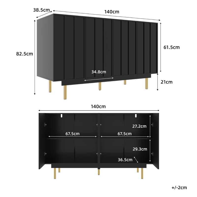 Dulap minimalist pentru sufragerie, cu 4 uși și rafturi reglabile, 140x38,5x82,5 cm, Negru