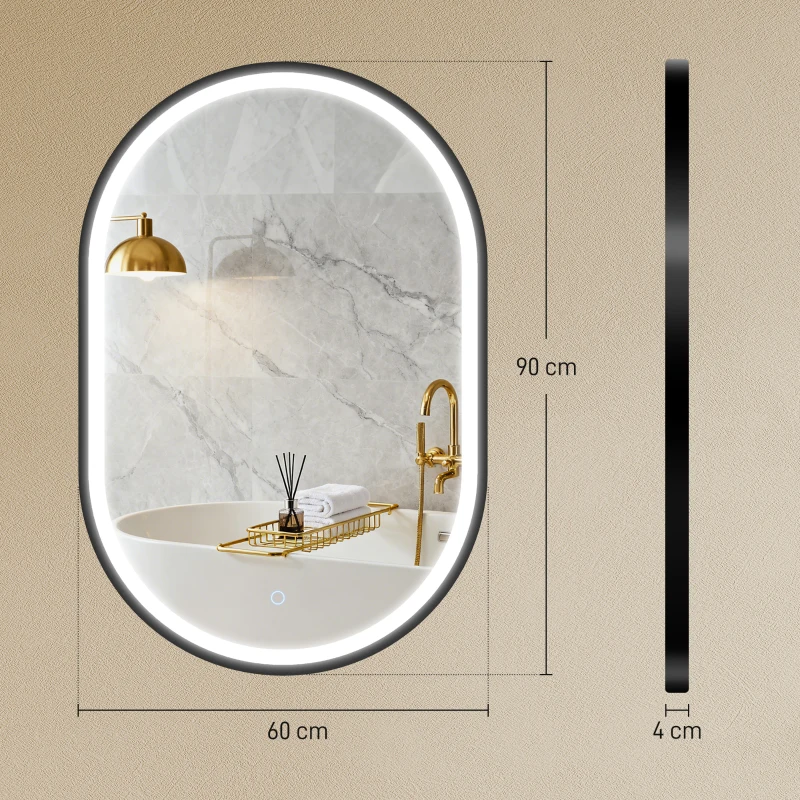 HOMCOM Espejo de Baño con Luz 60x90 cm Espejo de Pared Ovalado 3 Colores de Luz Brillo Regulable Función Antivaho Negro