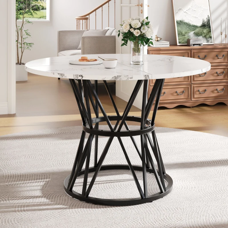 Tavolo da pranzo rotondo per 4 persone, gambe in metallo e piano in MDF, 100x100x76 cm, Bianco e Nero