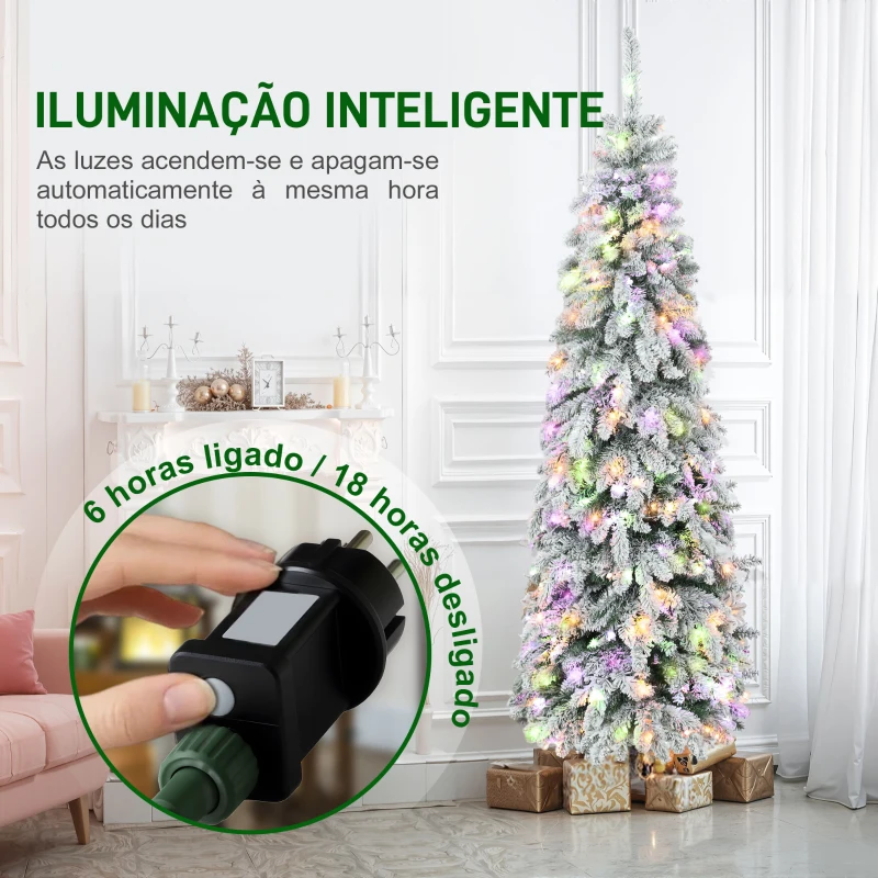 HOMCOM Árvore de Natal Estreita 180 cm Árvore de Natal Nevada com Luzes LED Temporizador 11 Modos de Iluminação Verde