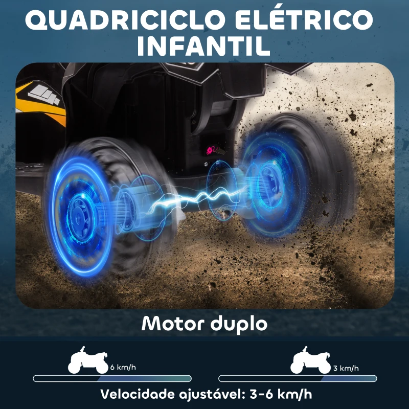 HOMCOM Quadriciclo Elétrico para Crianças de 3-5 Anos Veículo Eléctrico a Bateria 12V com 2 Motores 83x53x55,5 cm Amarelo
