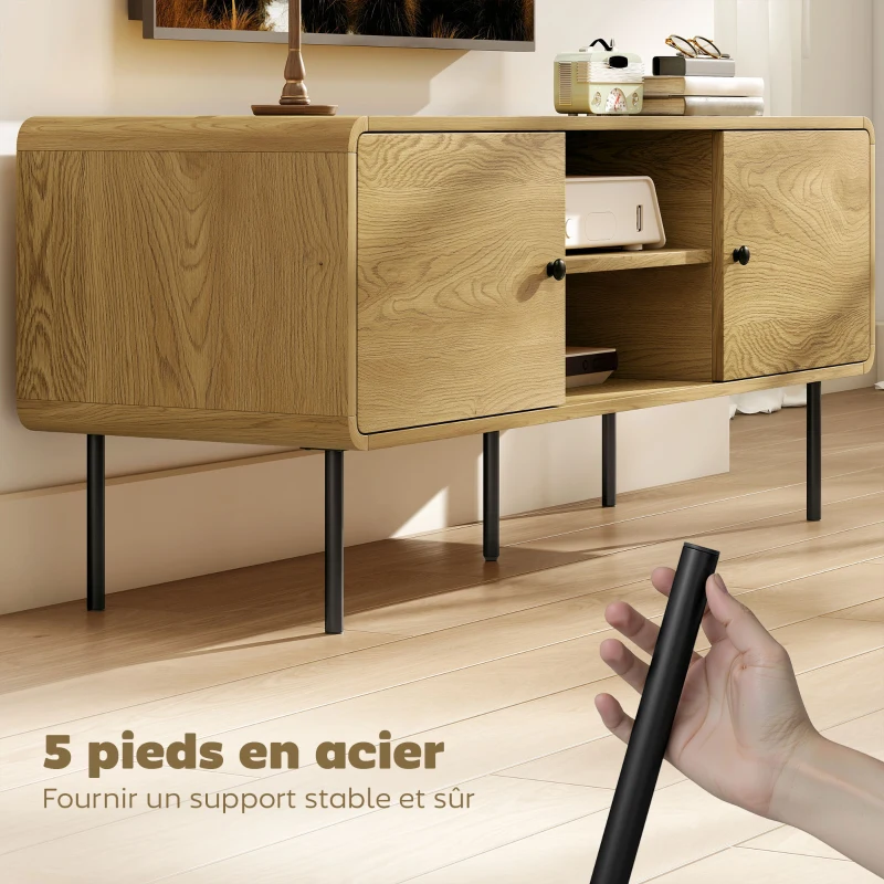 HOMCOM Meuble TV, meuble télé jusqu'à 55 pouces avec 2 portes, 2 compartiments ouverts, pieds en acier, 120x40x50cm, chêne
