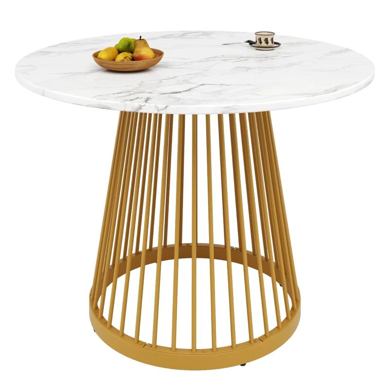 Tavolo da pranzo rotondo per 4 persone con piano in MDF e gambe in metallo, 80x80x76 cm, Bianco e Oro