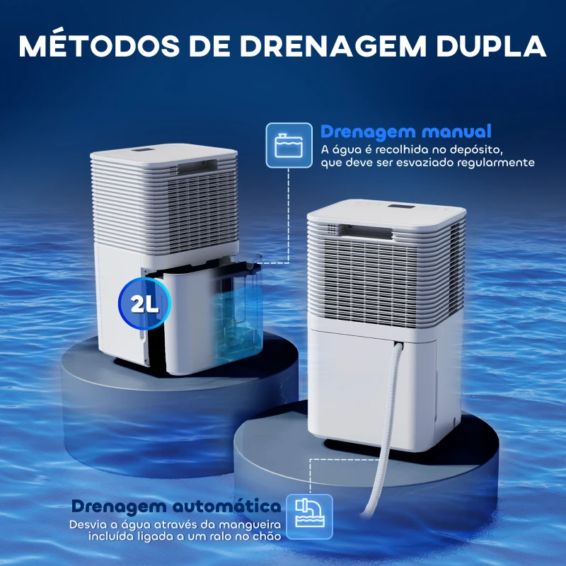 HOMCOM Desumidificador 10L/dia Silencioso com 3 Modos Ecrã LED Temporizador 24H Bloqueio Infantil e Drenagem Contínua Branco