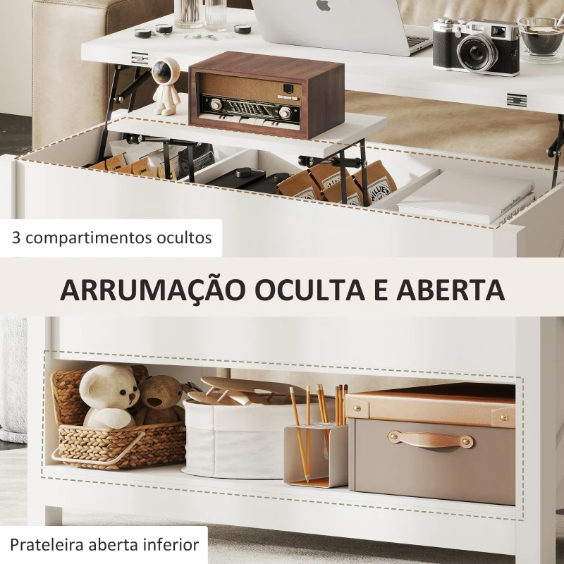 HOMCOM Mesa de Centro Elevatória e Extensível com Compartimentos Ocultos e Prateleira Aberta 100x90x64 cm Branco