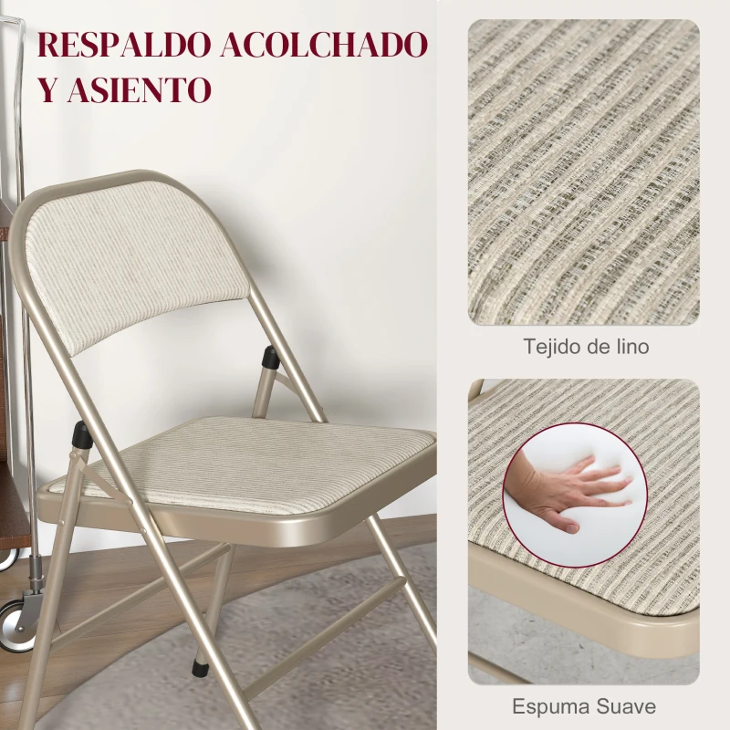 HOMCOM Juego de 4 Sillas Plegables Tapizadas en Lino Sintético con Respaldo y Estructura de Acero para Salón 45x46x78 cm Beige