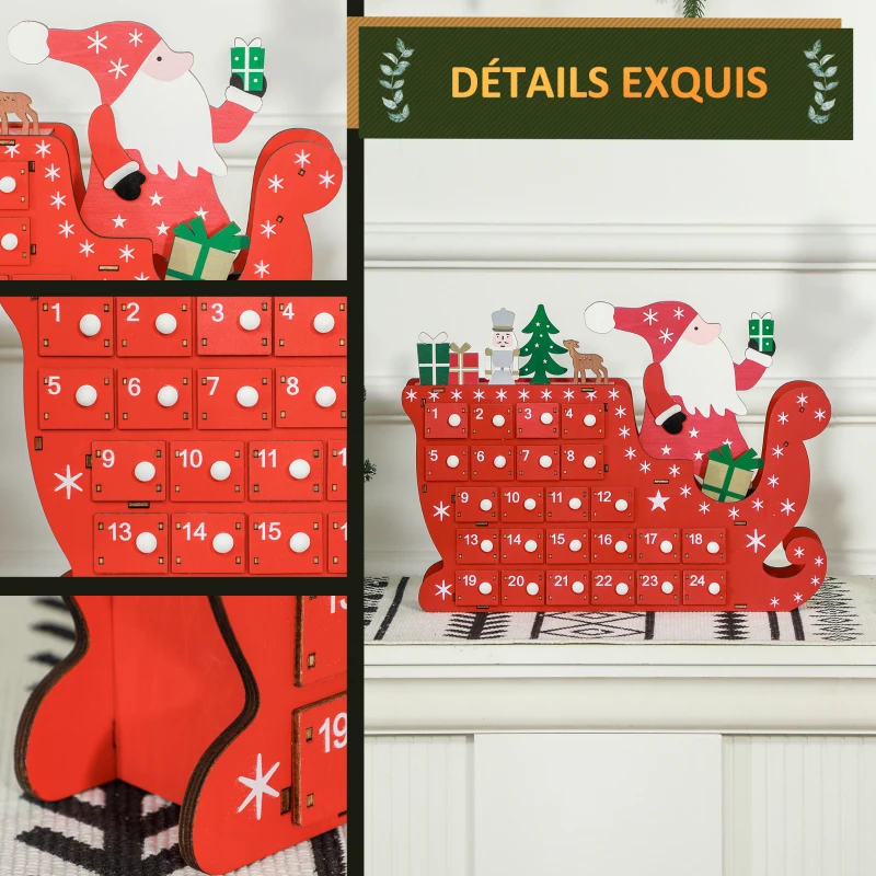 HOMCOM Calendrier de l'Avent à remplir en bois, décoration de Noël avec 24 tiroirs, Père Noël et traîneau, 22,5x8x36cm, rouge