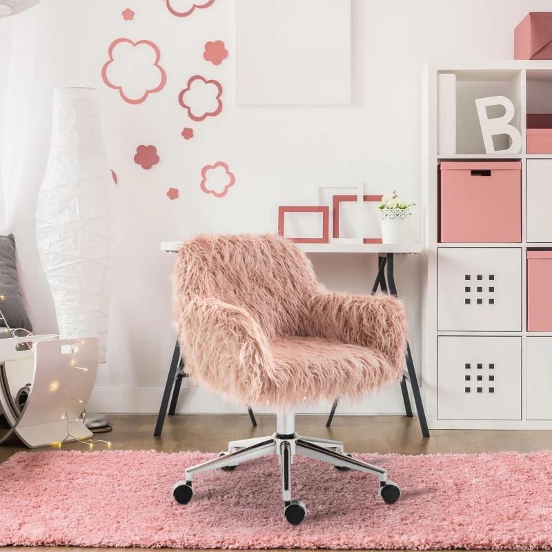 Vinsetto Faux Fur Desk Chair, Rolling Swivel Makeup Chair with Adjustable Height, Armrets for Home Office, Bedroom, Pink