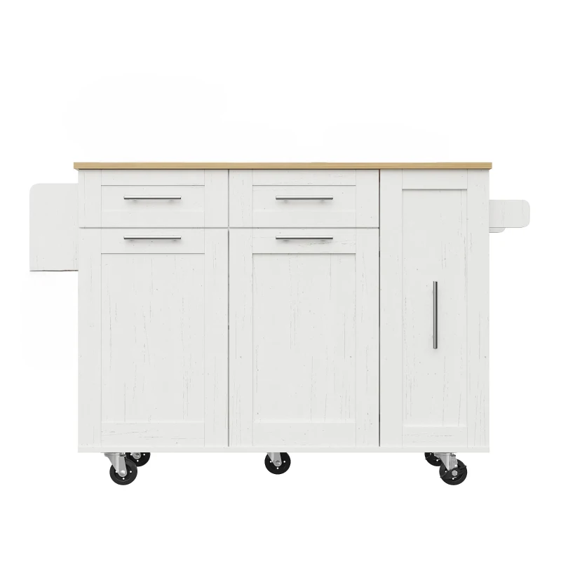 Îlot de cuisine avec plateau de table rabattable, desserte avec étagères à snacks et placards extensibles, 134,5x46/74x90,5 cm, Blanc