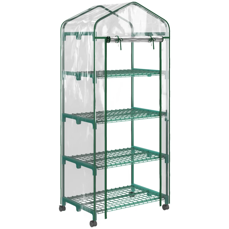Outsunny Serre de jardin avec étagères 4 niveaux, serre de balcon, bâche renforcée, châssis en acier, porte zippée, pour légumes plantes fleurs, intérieur et extérieur, 69 x 50 x 165 cm, transparent