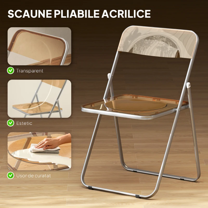 HOMCOM Set de 4 Scaune Pliabile Economisitoare de Spațiu din Oțel și Acril, Portocaliu