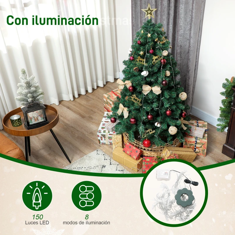 HOMCOM Árbol de Navidad 150 cm con Adornos 150 Luces LED Blanco Cálido 8 Modos de Iluminación 480 Ramas Verde