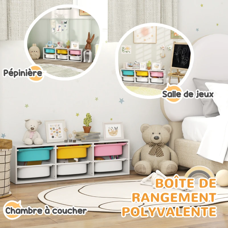 AIYAPLAY Meuble rangement enfant à 2 niveaux, étagère de rangement pour jouets enfants avec 6 bacs amovibles, 97x21x29cm, blanc