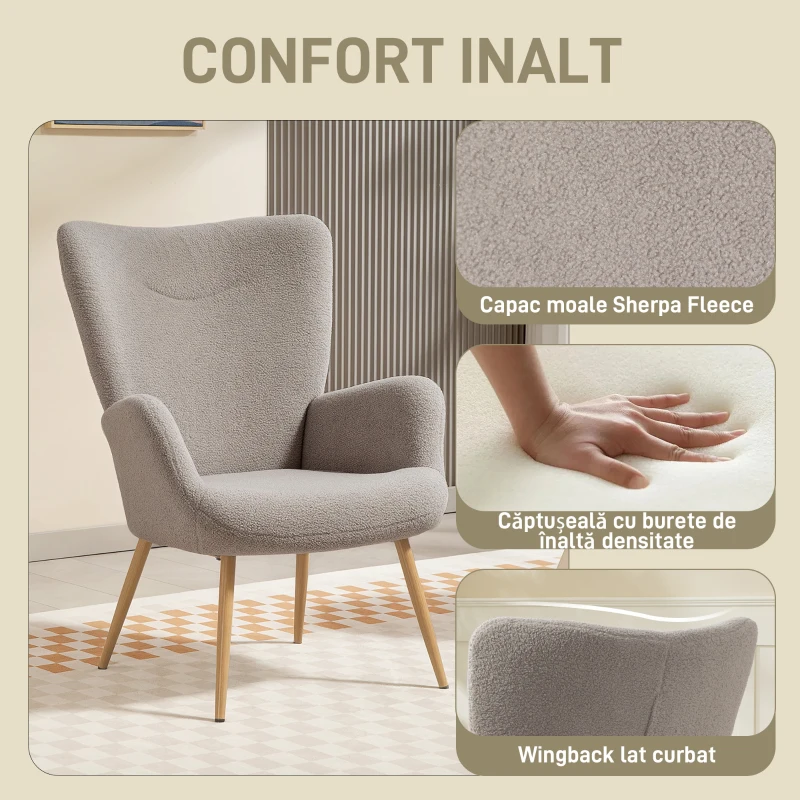 HOMCOM Fotoliu Modern în Țesătură Sherpa cu Spătar Înalt și Brațe, Gri