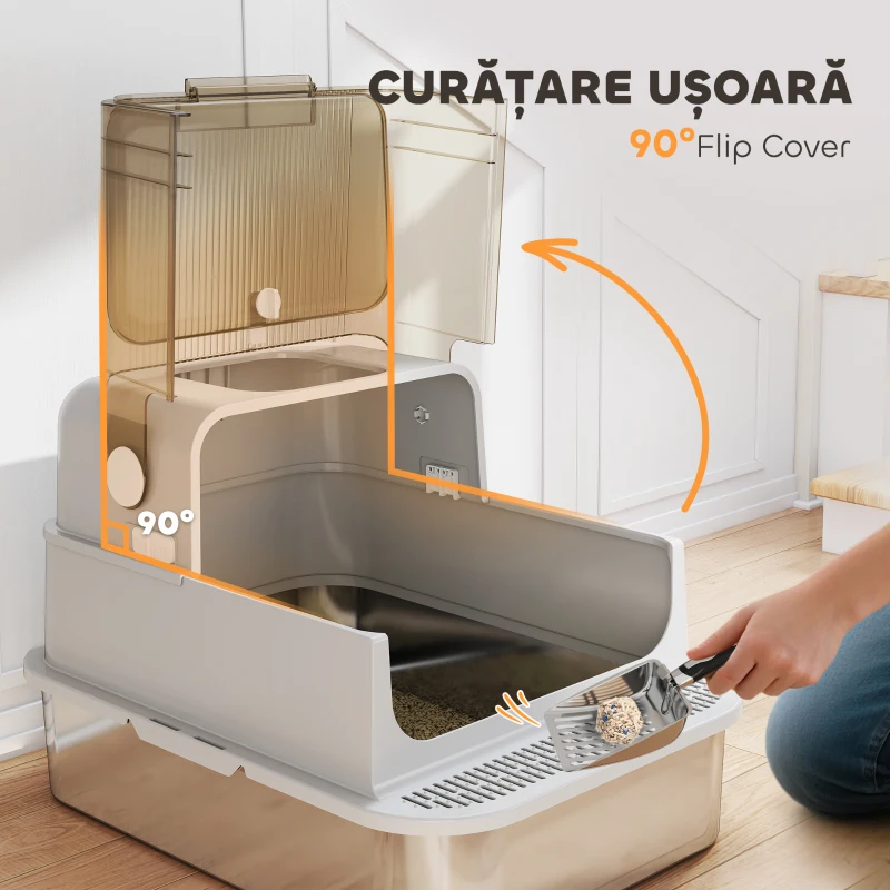 PawHut Litieră pentru Pisici XXL din Oțel Inoxidabil cu Capac Rabatabil la 90° Gri