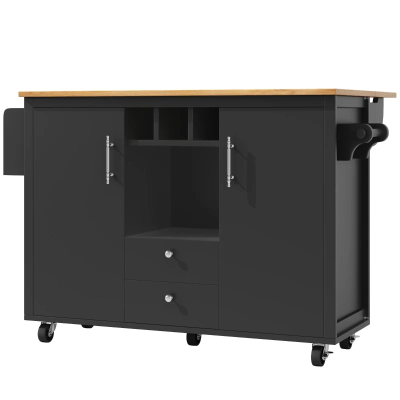 Îlot de cuisine avec table pliante, grand espace de rangement, casier à vin, porte-serviette et porte-épices, 137,9x45/73x92,2 cm, Noir