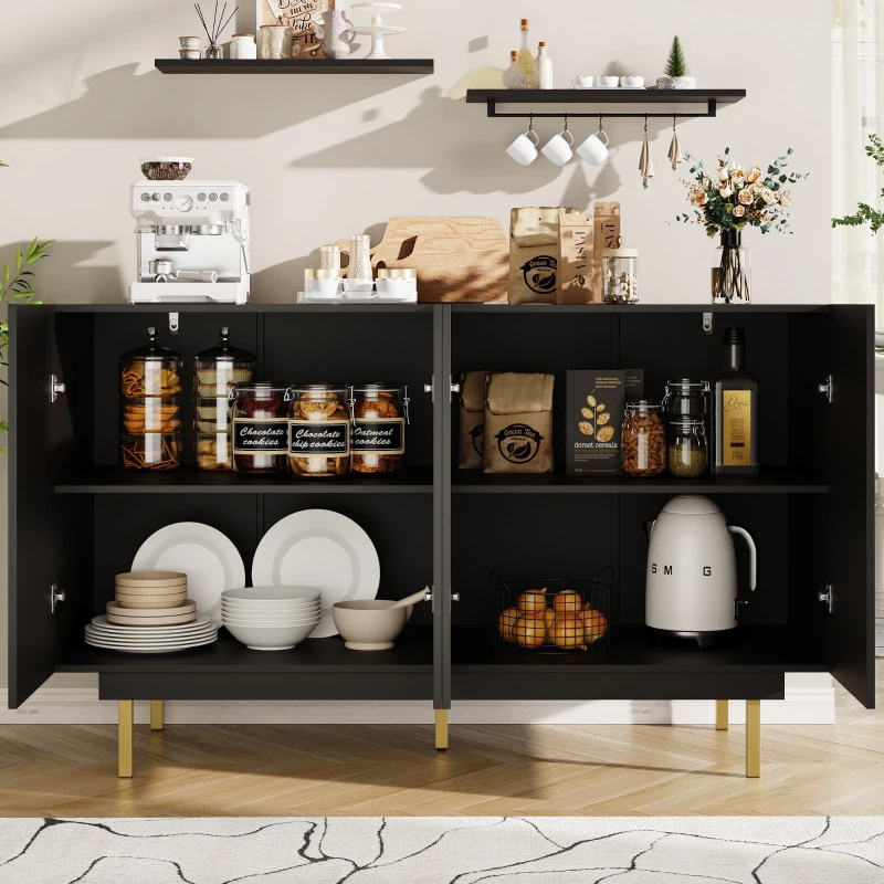 Dulap minimalist pentru sufragerie, cu 4 uși și rafturi reglabile, 140x38,5x82,5 cm, Negru