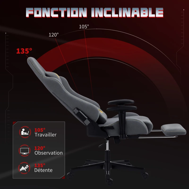 HOMCOM Chaise gaming ergonomique, fauteuil gamer avec accoudoirs 3D, dossier inclinable, hauteur réglable, 72x76x132cm, gris