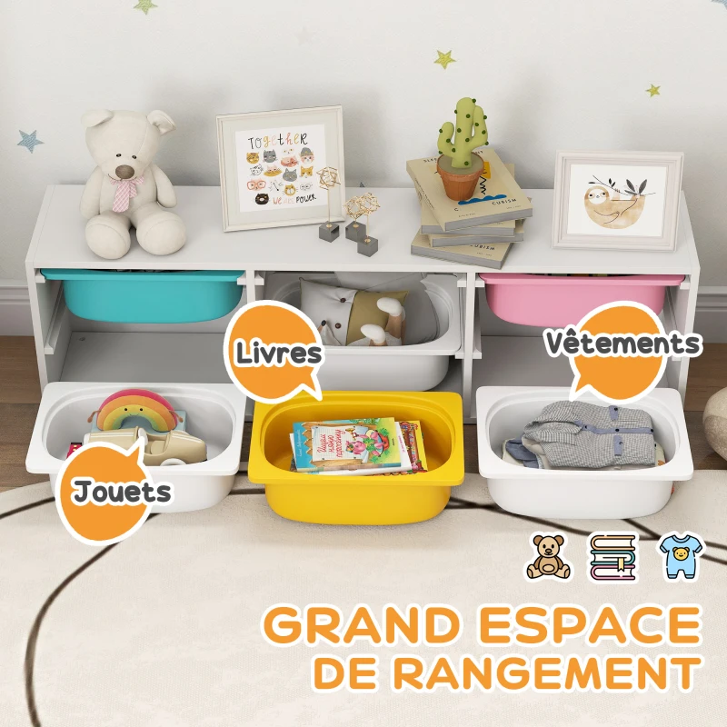 AIYAPLAY Meuble rangement enfant à 2 niveaux, étagère de rangement pour jouets enfants avec 6 bacs amovibles, 97x21x29cm, blanc