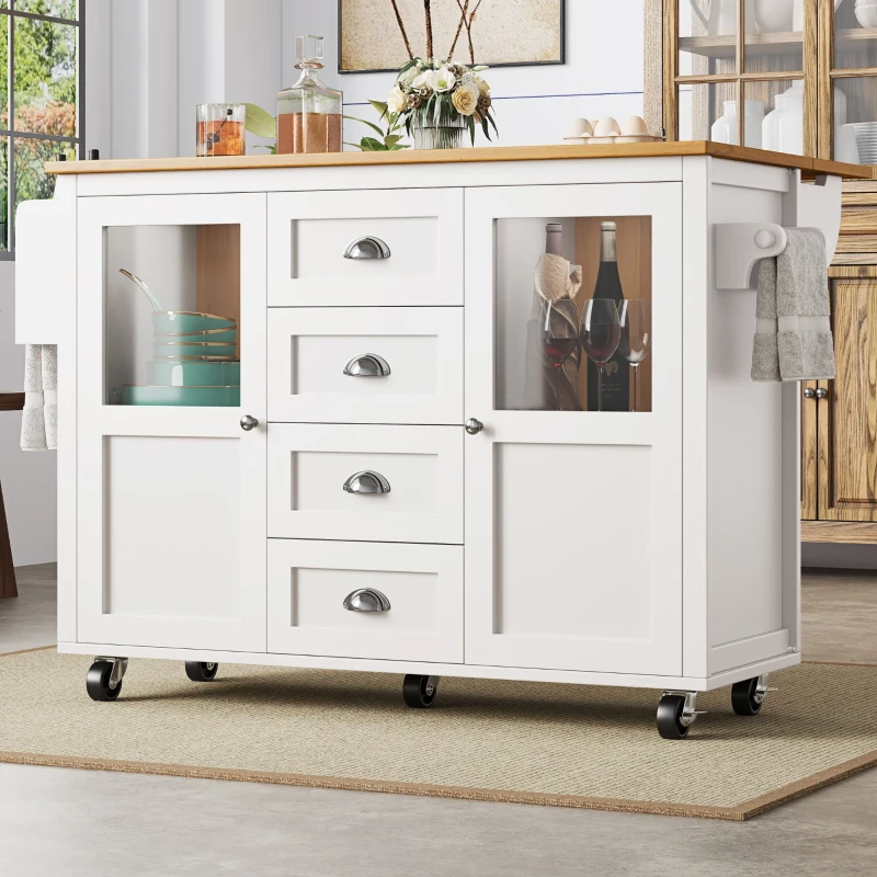 Îlot de cuisine avec plateau réglable, deux portes et quatre tiroirs, 137,9x45/73x92,5 cm, Blanc