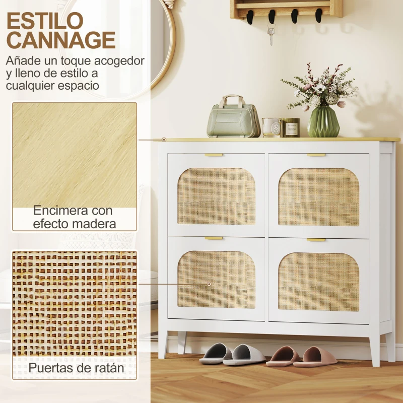 HOMCOM Zapatero Estrecho con 4 Puertas de Ratán Estantes Ajustables para 20 Pares de Zapatos 105x24x95,5 cm Blanco