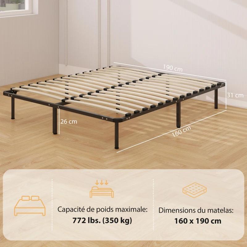 HOMCOM Bettgestell 160 x 190 cm, Doppelbett aus Massivholz mit Lattenrost und Füßen, Stauraum darunter, schwarz