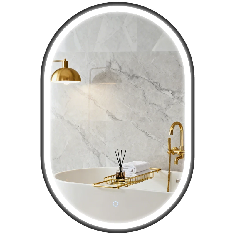 HOMCOM Espejo de Baño con Luz 60x90 cm Espejo de Pared Ovalado 3 Colores de Luz Brillo Regulable Función Antivaho Negro