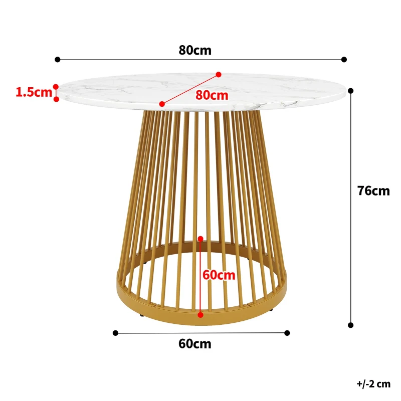 Tavolo da pranzo rotondo per 4 persone con piano in MDF e gambe in metallo, 80x80x76 cm, Bianco e Oro