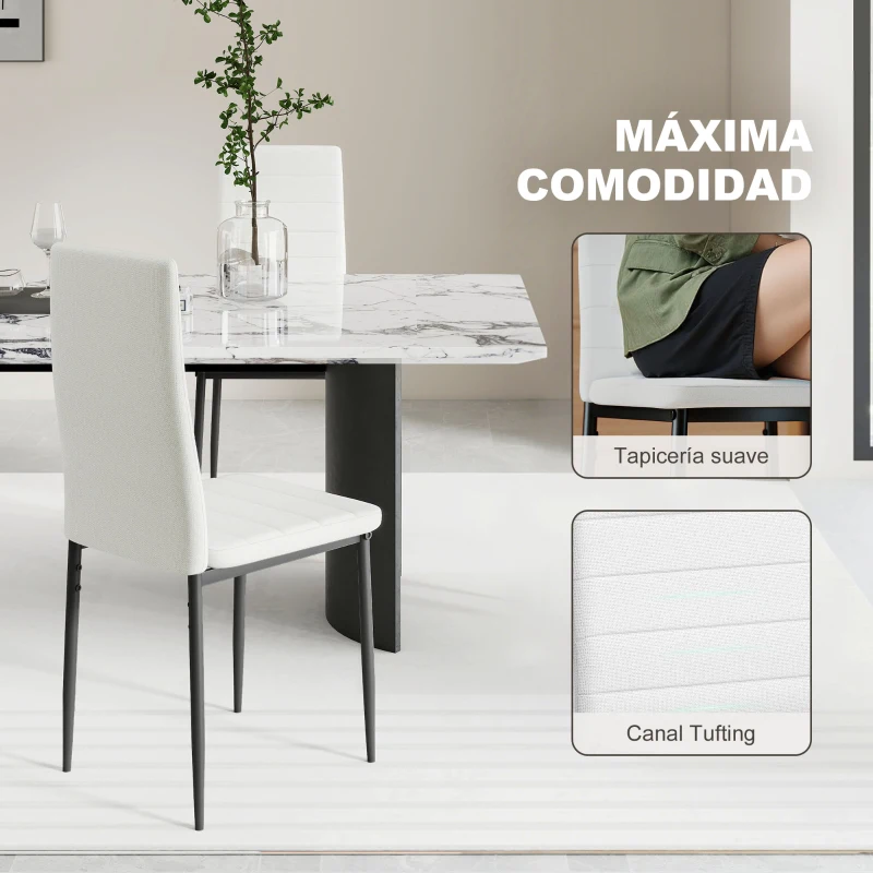 HOMCOM Pack de 6 Sillas de Comedor Modernas Tapizadas en Lino Sintético con Respaldo Alto y Patas de Metal 41x50x97 cm Blanco