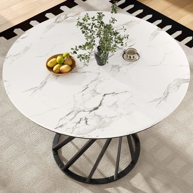 Tavolo da pranzo rotondo, tavolo da cucina con piano in MDF e gambe in metallo, 80x80x76 cm, Bianco e Nero
