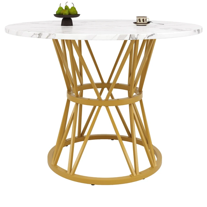 Tavolo da pranzo rotondo per 4 persone, gambe in metallo e piano in MDF, 100x100x76 cm, Bianco e Oro
