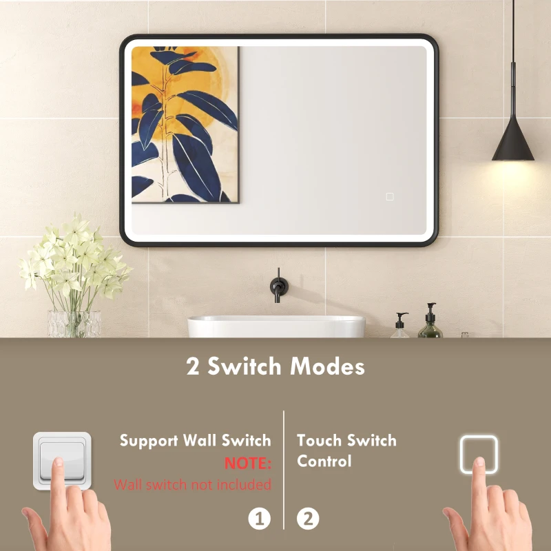 HOMCOM Specchio da bagno con illuminazione 90 x 60 cm, specchio LED da parete, antiappannamento, 3 tonalità di luce, dimmerabile, nero