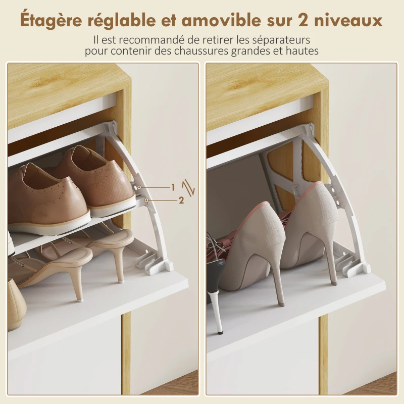 HOMCOM Meuble à chaussures, armoire à chaussures étroite, 4 tiroirs rabattables, porte haute brillante, 105x24x92,5cm, blanc