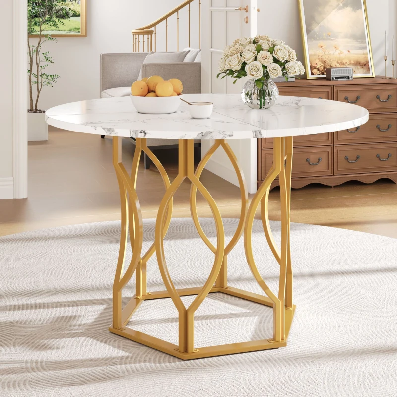 Tavolo da pranzo rotondo per 4 persone con piano in MDF e gambe in metallo, 100x100x76 cm, Bianco e Oro